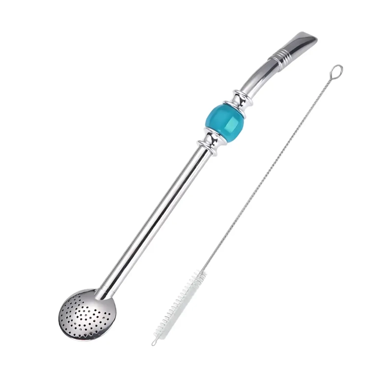 Bombilla do yerba mate z niebieskim kamieniem 21cm + czyścik
