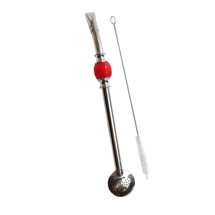 Bombilla do yerba mate z czerwonym kamieniem 21cm + czyścik