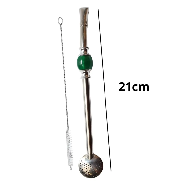 Bombilla do yerba mate z zielonym z kamieniem 21cm + czyścik
