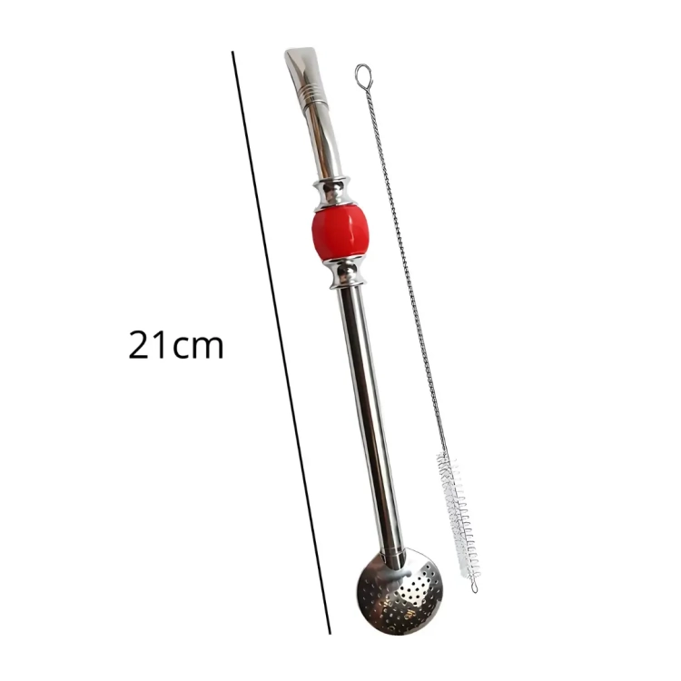 Bombilla do yerba mate z czerwonym kamieniem 21cm + czyścik