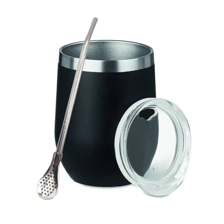 Matero Yerba Mate TermoLid - Czarne 350ml z pokrywką + Bombilla