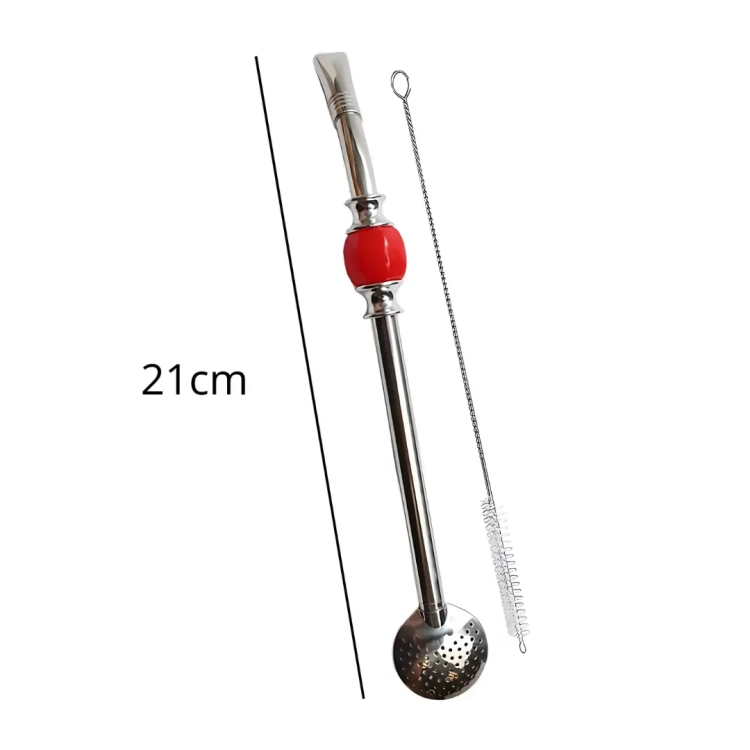 Bombilla do yerba mate z czerwonym kamieniem 21cm + czyścik