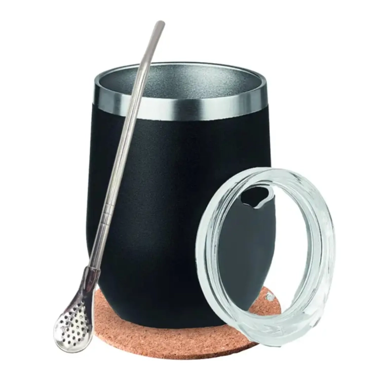 Zestaw Yerba Mate Matero TermoLid Kubek Czarny + Bombilla i Podkładka