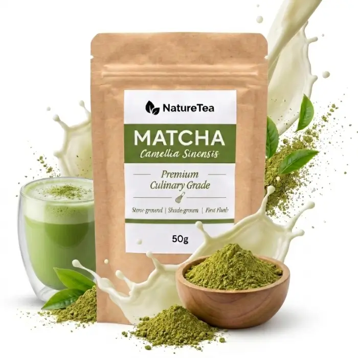 Matcha NatureTea opakowanie, latte i proszek z mlecznym flashem..webp
