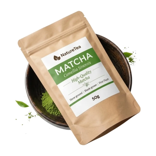 NatureTea Matcha 50g w opakowaniu nad miseczką proszku.webp