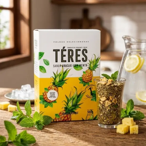 Pudełko brazylijskiej Yerba Mate Laranjeiras Teres, smak ananasowo-miętowy 0,5kg.webp