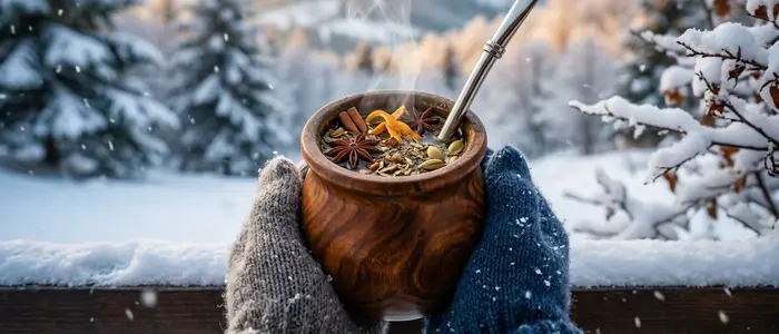 Ciepła yerba mate w tykwie zimą na dworze