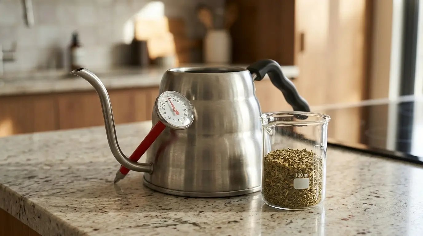 Czajnik z stalowym termometrem analogowym obok susz yerba mate.