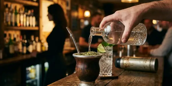 Dłoń barmana dolewa alkohol do tradycyjnego matero z bombillą.