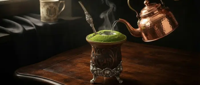 Parzenie chimarrão – ostatni etap, zalewanie odpowiednią wodą.