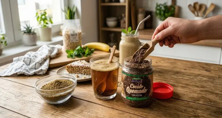 twórz obraz "raktyczne zastosowania: Jak wykorzystać yerbę instant w kuchni i fit przepisach?" mozesz dodac sypki prosze i jakies smoothie czy ciasto w tle
