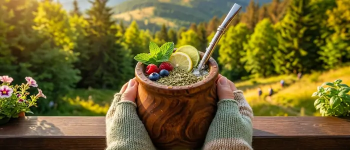 Tereré (chłodna yerba mate) w tykwie z owocami i miętą trzymane na tle gór.