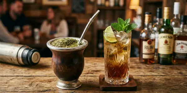 Tradycyjne matero z yerba mate obok szklanki z koktajlem.