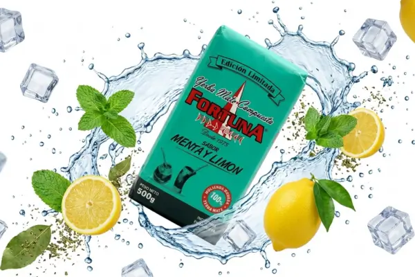 Yerba Mate Fortuna Menta Limon w rozbryzgu wody z lodem i cytryną