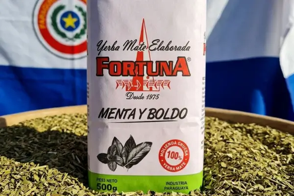 Yerba Mate Fortuna Menta y Boldo w suszu na tle flagi Paragwaju