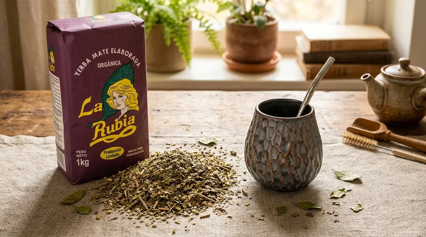Yerba mate La Rubia z ceramicznym naczyńkiem i rozsypanym suszem