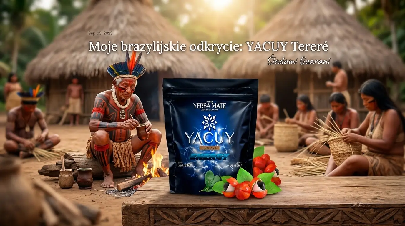 yerba mate YACUY Tereré Energy na tle tradycyjnej wioski Guarani