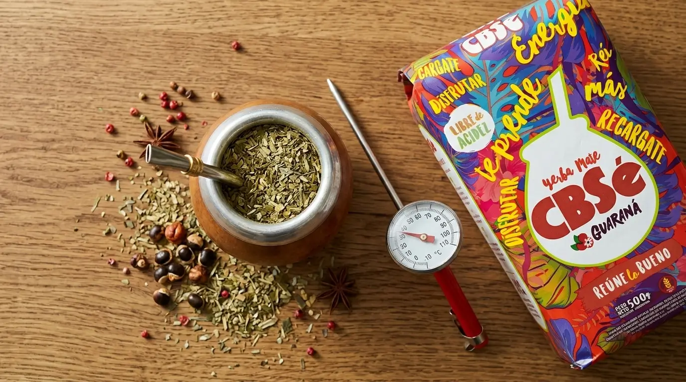 Zestaw do yerba mate z termometrem i paczką CBSé Guaraná na stole.