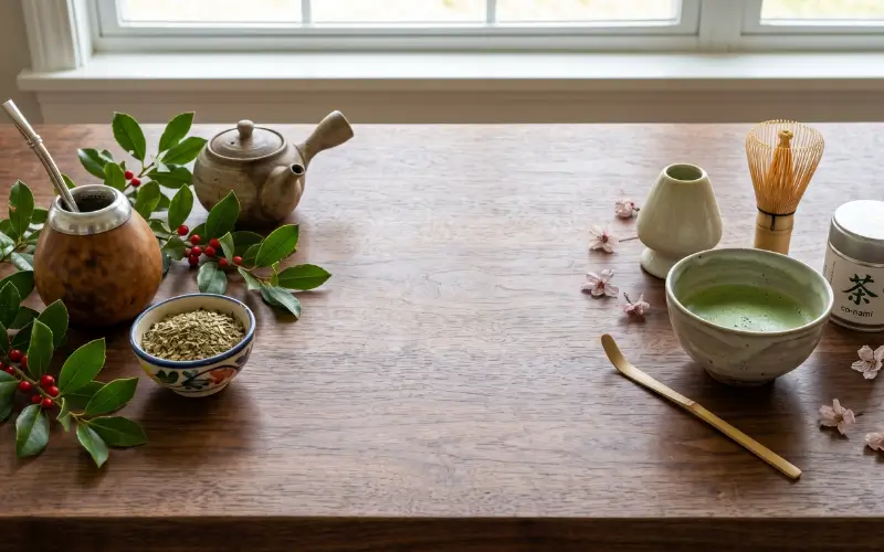 Zestawienie tradycyjnych akcesoriów do parzenia yerba mate herbaty matcha